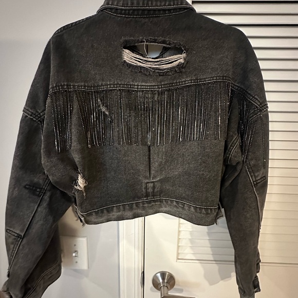 Blue B Dark Distressed Cropped Denim Jacket with Rhinestone Fringe
Size S/M - Picture 2 of 9